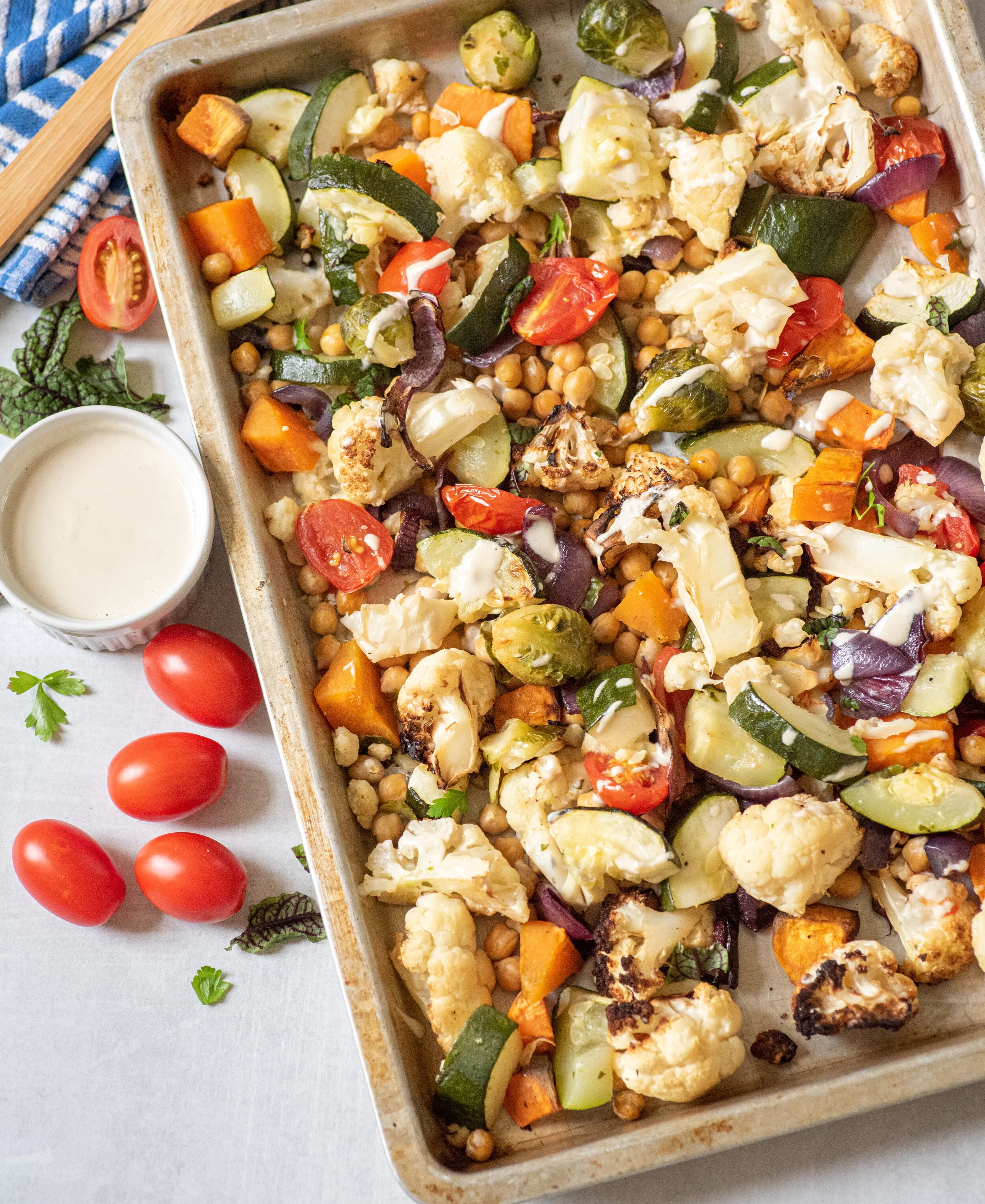 Sheet pan roast vegetables with maple tahini dressing