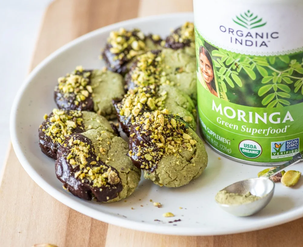 Dark Chocolate Dipped Moringa Pistachio Cookies