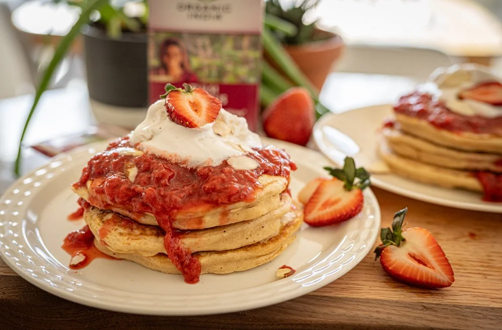 Simple Oil-Free Pancakes with Strawberry Hibiscus Sauce