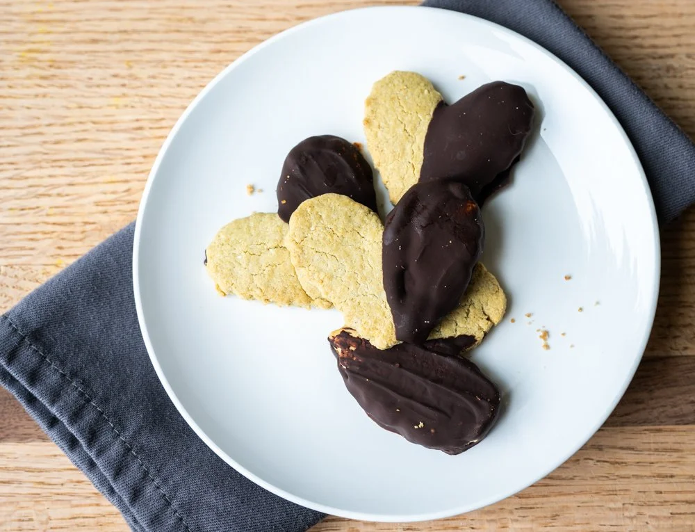 Dark Chocolate-Dipped Moringa Shortbread Cookies (GF, V)