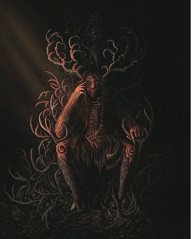 Finished at last.. The Horned One
"Cernunnos" ✨🌀🖤 a really awesome deity to paint. I wanted to depict the imagery I see inside my head when thinking of the horned god and that is a tremendous, beastial creature, as much man as he is beast. I had a really strong image in my head early in the week of him sitting atop a throne of antlers and so i quickly scribbled it down on some paper for later.
Three days later here we are! ❤