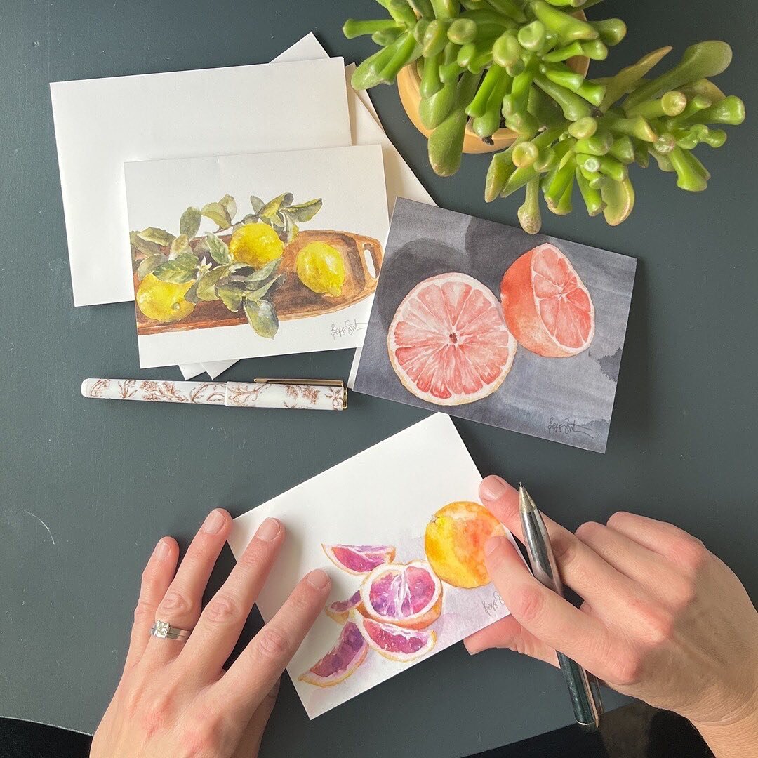 Another new product: winter citrus folded notecards, available in assorted sets of three or six.  These are perfect for saying thanks or adding some joy to a friend&rsquo;s day.  Local pickup is also available!
