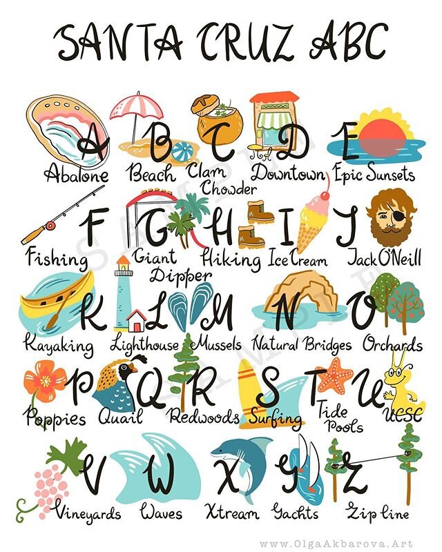 Discover Santa Cruz from A (abalones) to Z (zip line), and everything in between! Santa Cruz has so much to offer and this alphabet print is the perfect illustrated guide for all explorers in your life, big or little ❤️ Check the link in the bio ⬆️ .