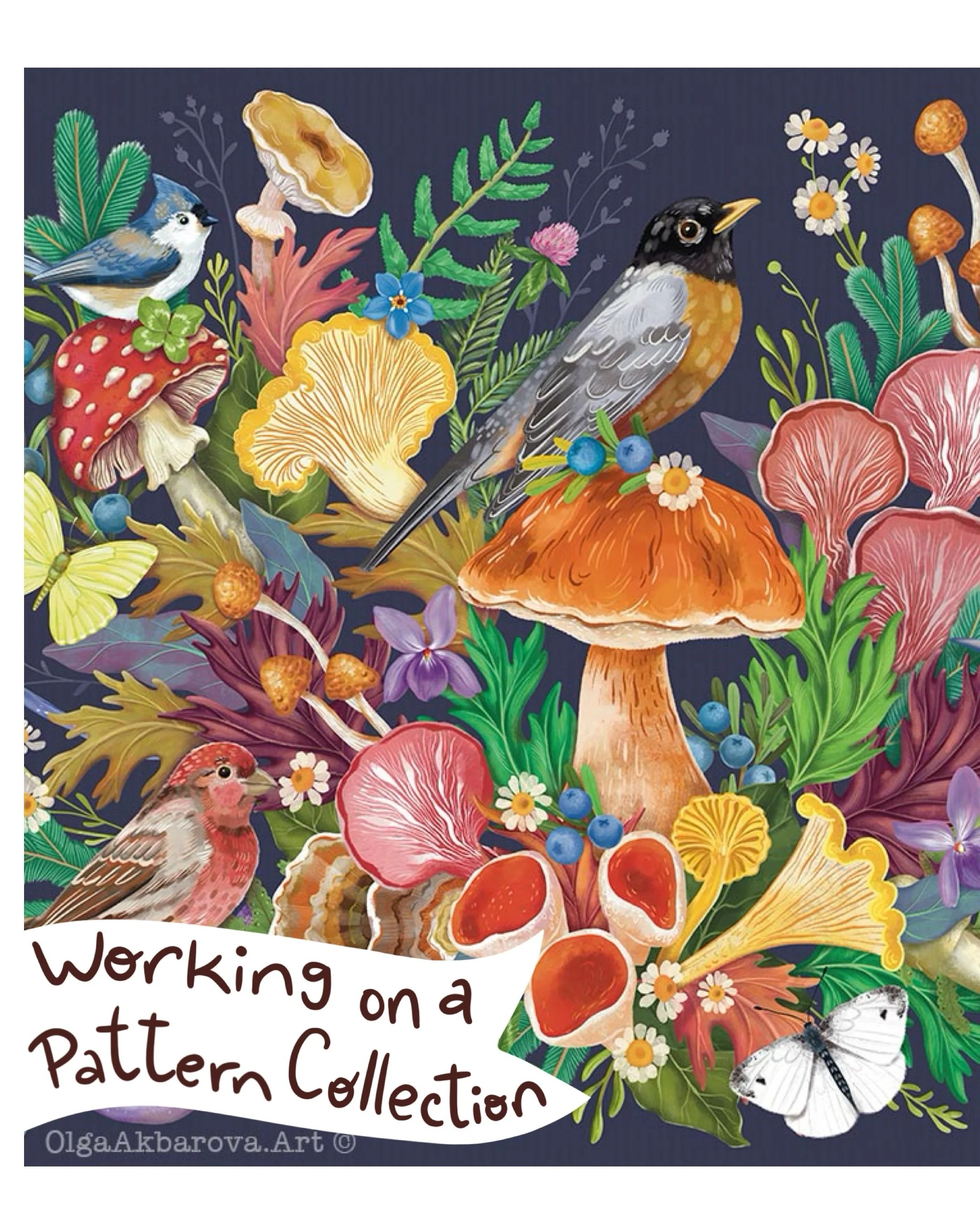 Earlier this week I started a pattern collection based on this forest piece 🌿 I like to start with a hero print and then build out the simpler coordinating designs 🍄
.
#patterndesigner #surfacedesigner #olgaakbarovaart