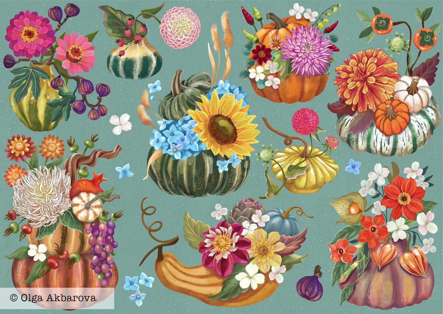 Pumpkin Botanical Arrangement.  Available for Licensing 21x15