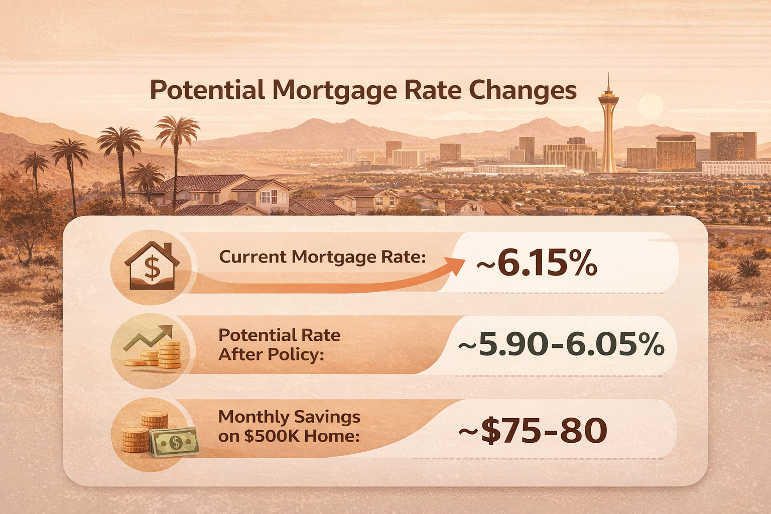 Mortgage rate comparison infographic showing potential savings for Las Vegas homebuyers after Trump mortgage bond purchase policy