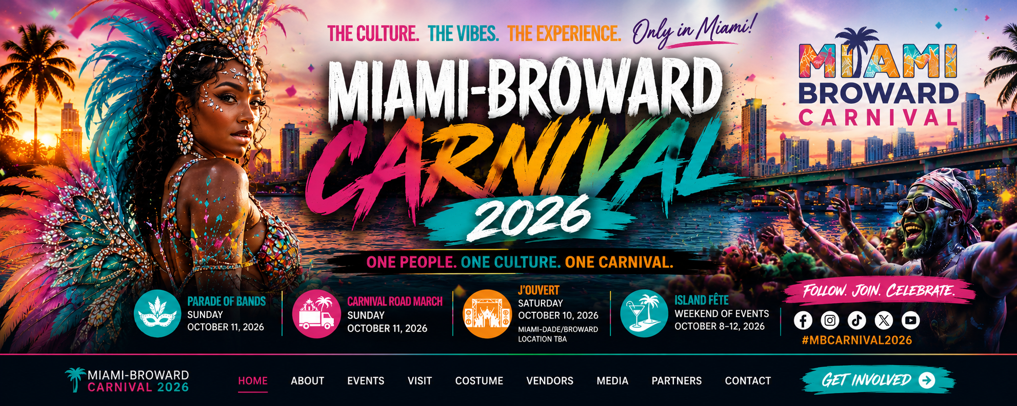 Colorful promotional banner for the 2026 Miami-Broward Carnival with images of a woman in vibrant costume on the left and a person painted in rainbow colors on the right, featuring the Miami skyline and palm trees at sunset in the background.