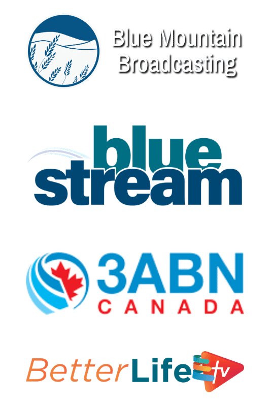 Logos of Blue Mountain Broadcasting, Blue Stream, 3ABN Canada, and BetterLife TV