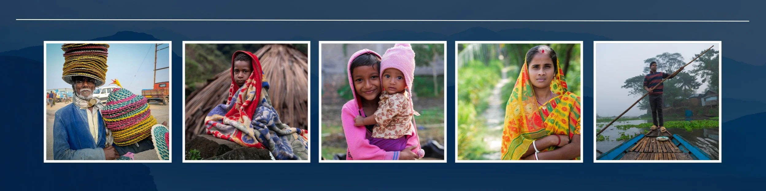 Five photos depicting people from rural India. The first shows an older man carrying a large stack of colorful hats, the second shows a young girl wrapped in a blanket, the third features two smiling children wearing warm clothing, the fourth displays a woman in a colorful sari, and the fifth shows a man standing on a bamboo raft holding a pole on a water body.