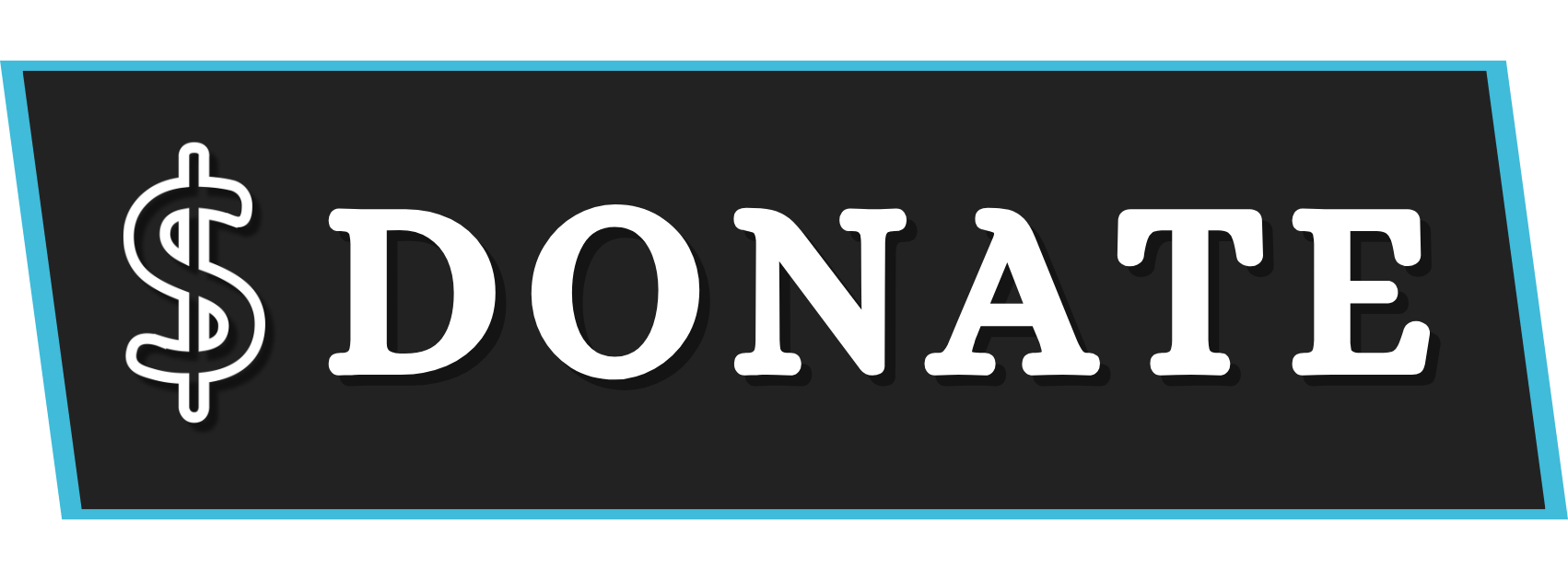 A black donate button with a blue border, featuring a white dollar sign icon on the left and the word 'DONATE' in white capital letters.