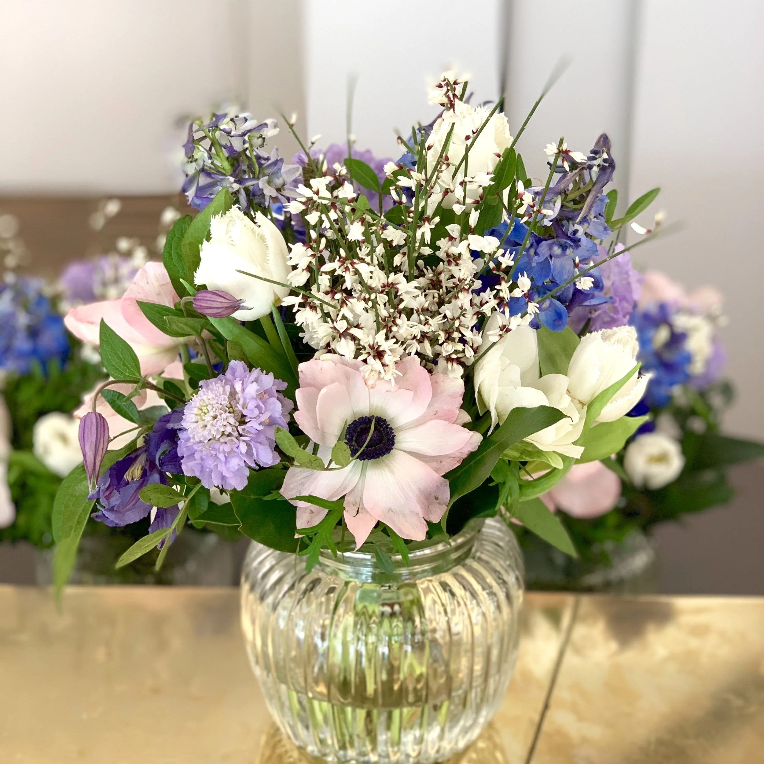 Blue, White and Pink mixed seasonal bouquet