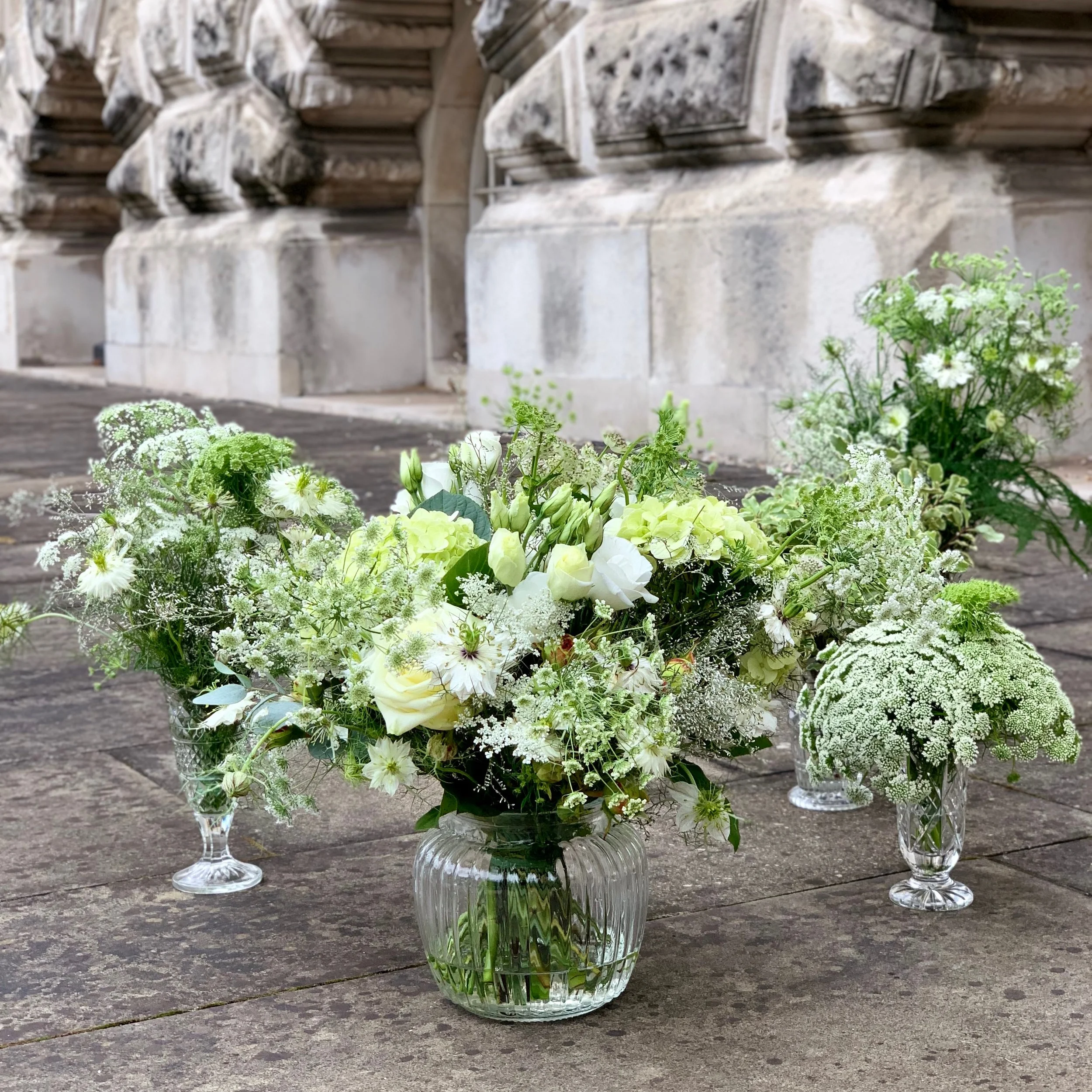 White and Green Vases for a Wedding at Tate Britain's Rex Whistler Restaurant