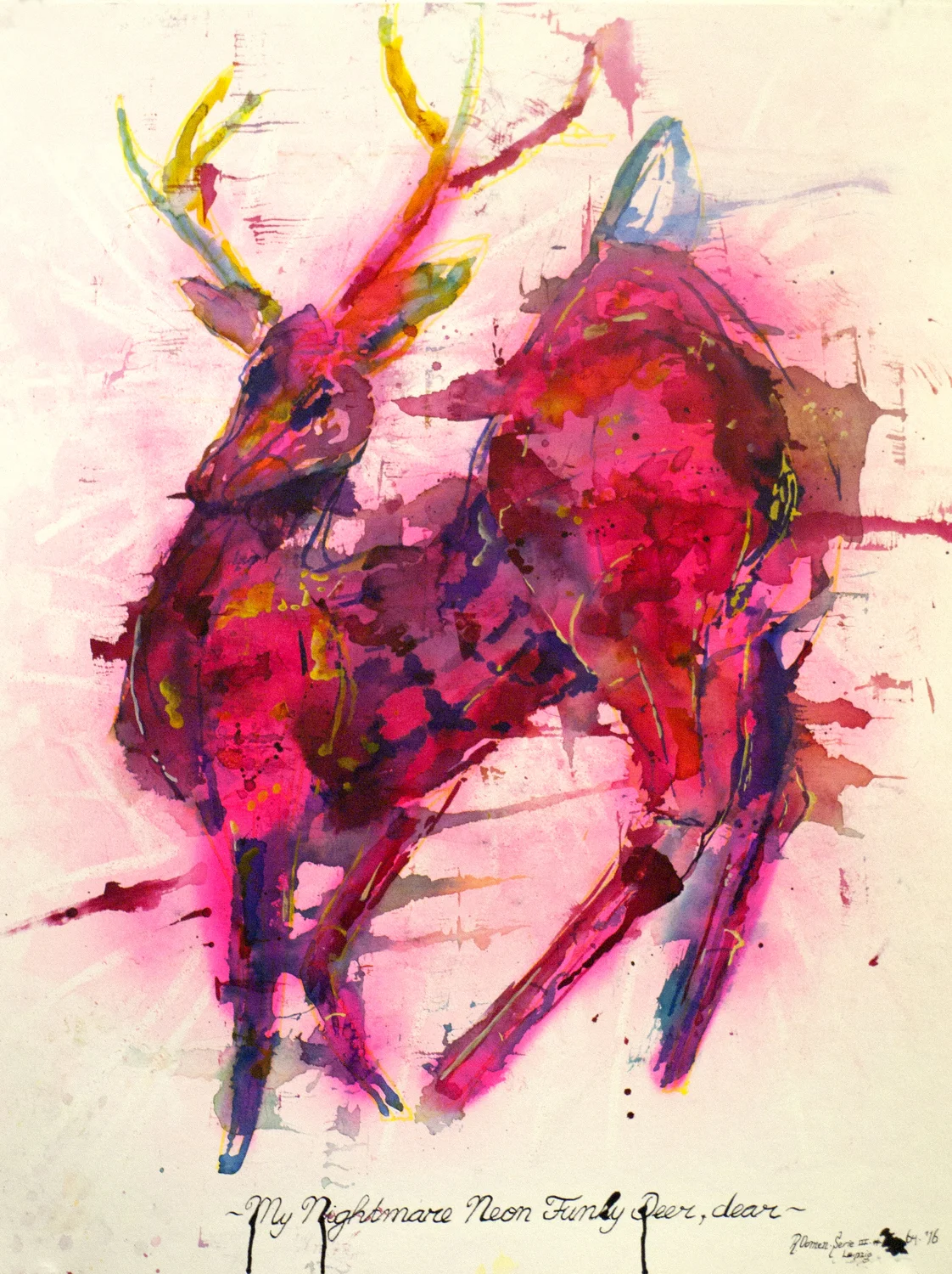 "My neon nightmare funky deer, dear" ink, spray can and toddler markers on paper 65x50 cm 2016