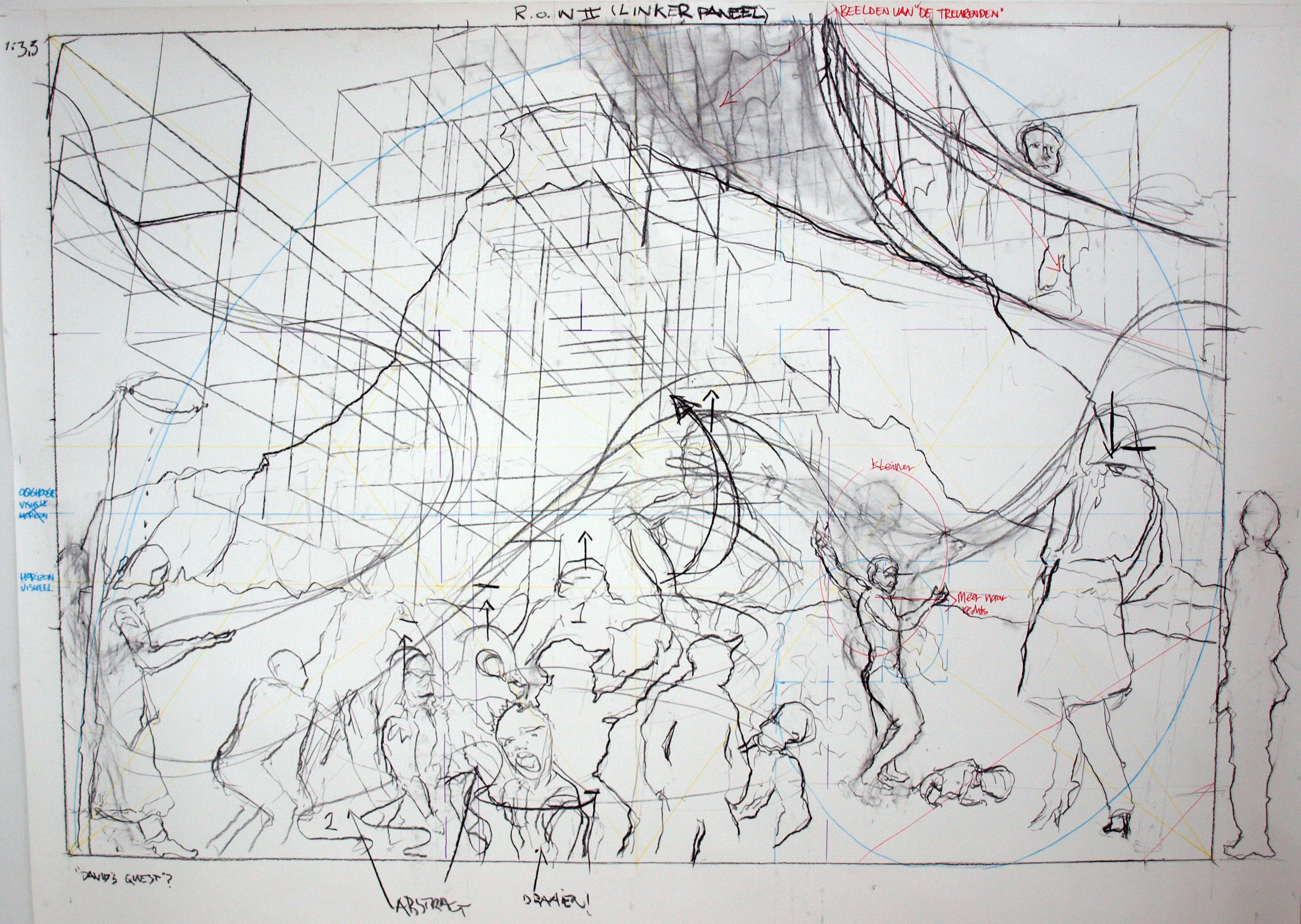Sketch for Renaissance of Wonder II scharcoal and markers on paper scale 1:3,5 (paper size 150x197 cm) 2016