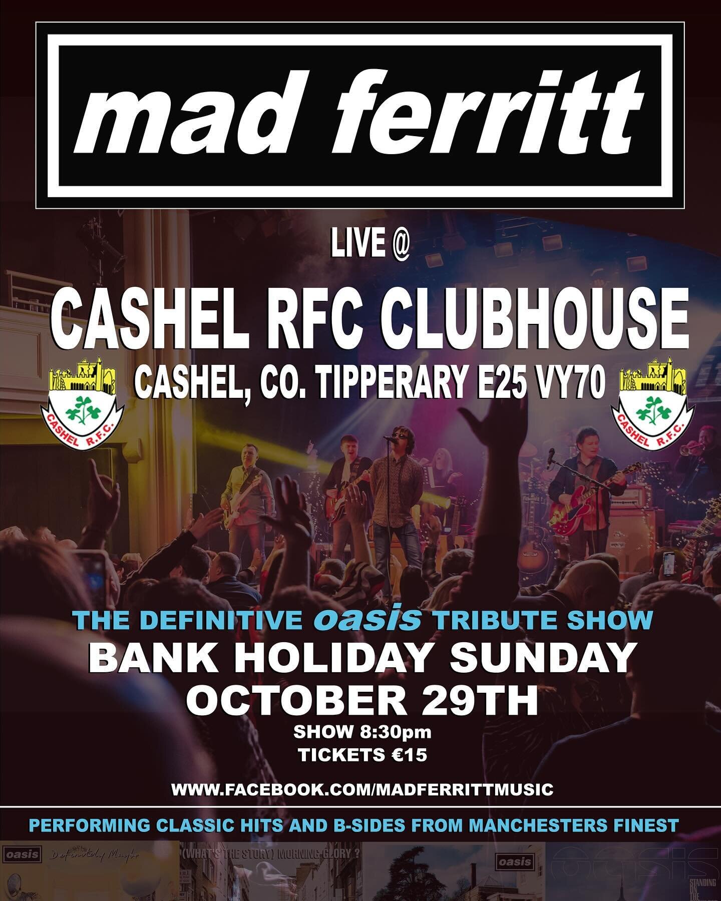 GIG ANNOUNCMENT

We&rsquo;re looking forward to heading to Co. Tipperary this coming Bank Holiday Sunday October 29th as we make our debut performance at @cashel_rugby club. Show starts at 9pm and Tickets &euro;15 can be purchased via the Eventbrite 