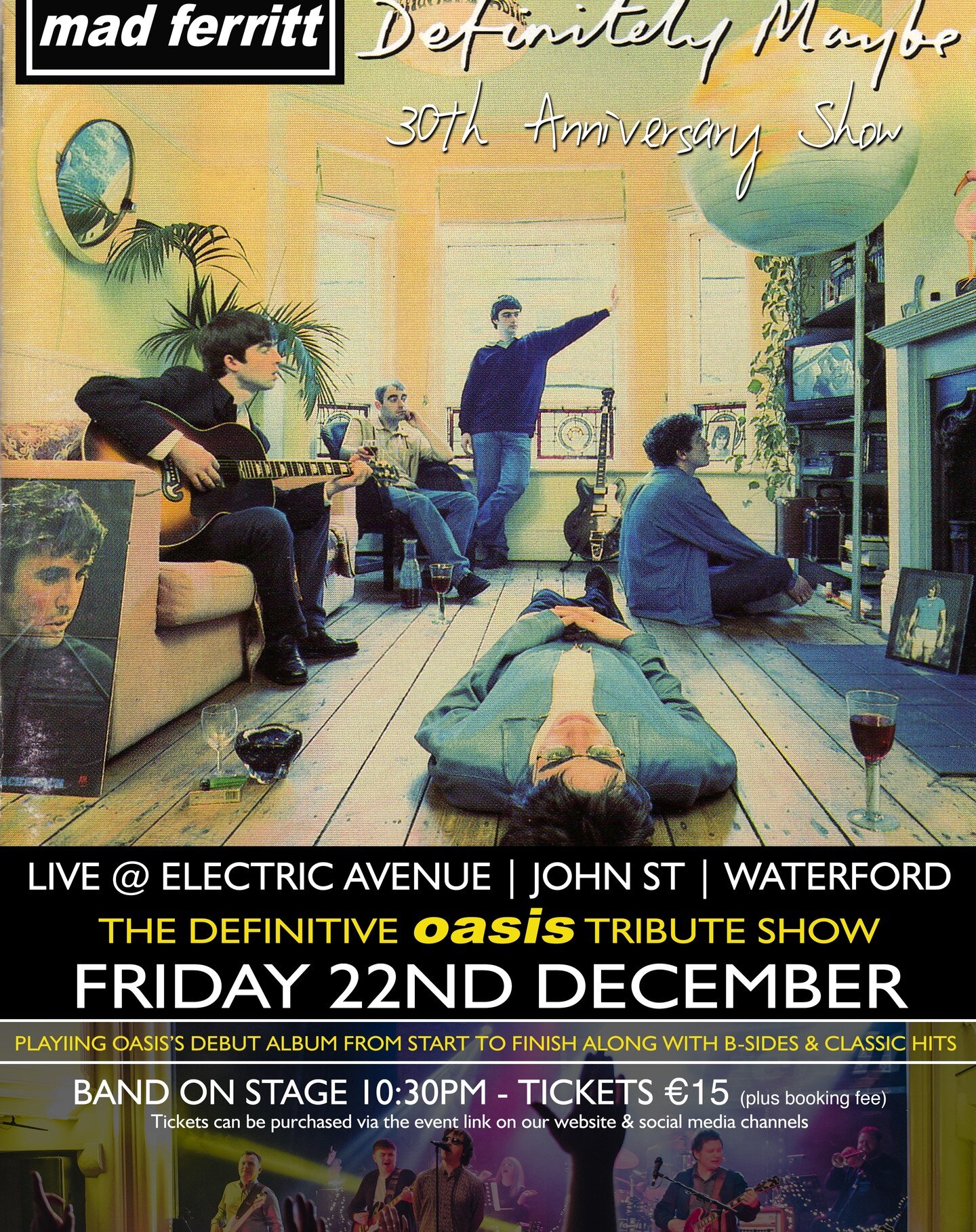 GIG ANNOUNCEMENT
We are delighted to announce that we will be closing out 2023 by playing a special show to celebrate the upcoming 30th anniversary of 'Definitely Maybe' Live @electric.avenue__, John's Street, Waterford on Friday 22nd December. We wi