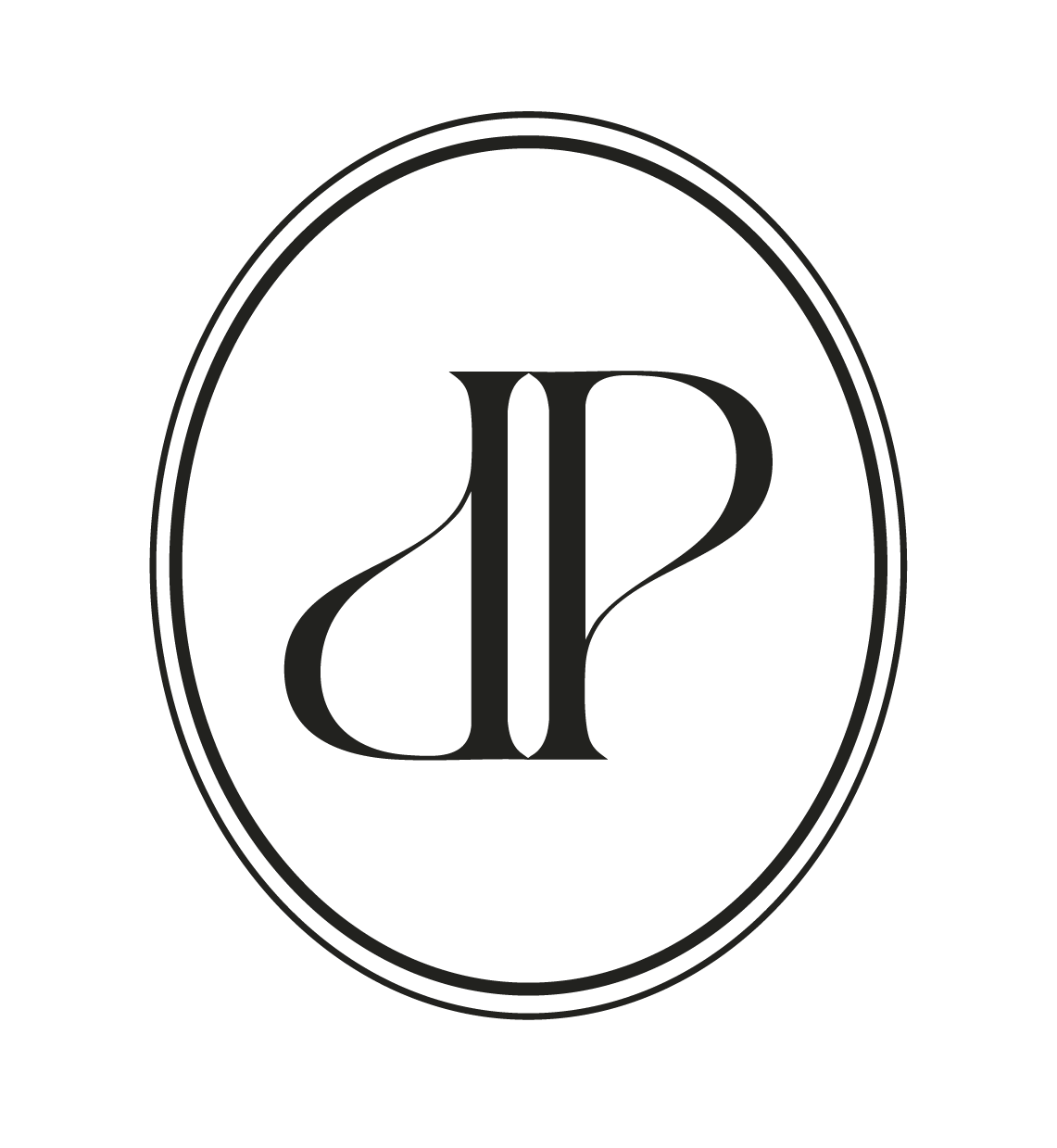 A black logo with the initials 'DP' in an elegant font inside an oval outline.