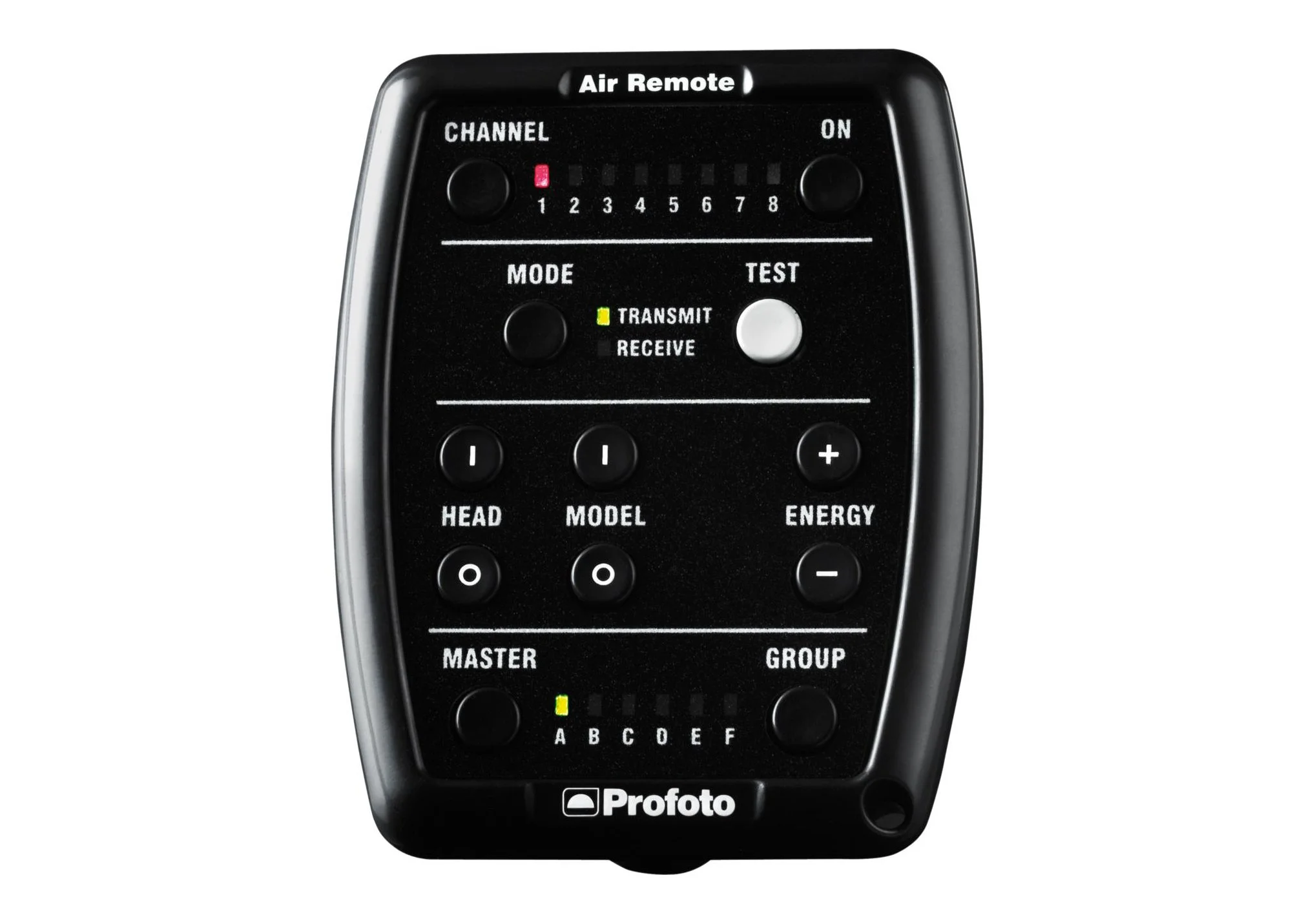 A Profoto Air Remote control device with buttons, switches, and indicator lights used for wireless flash photography