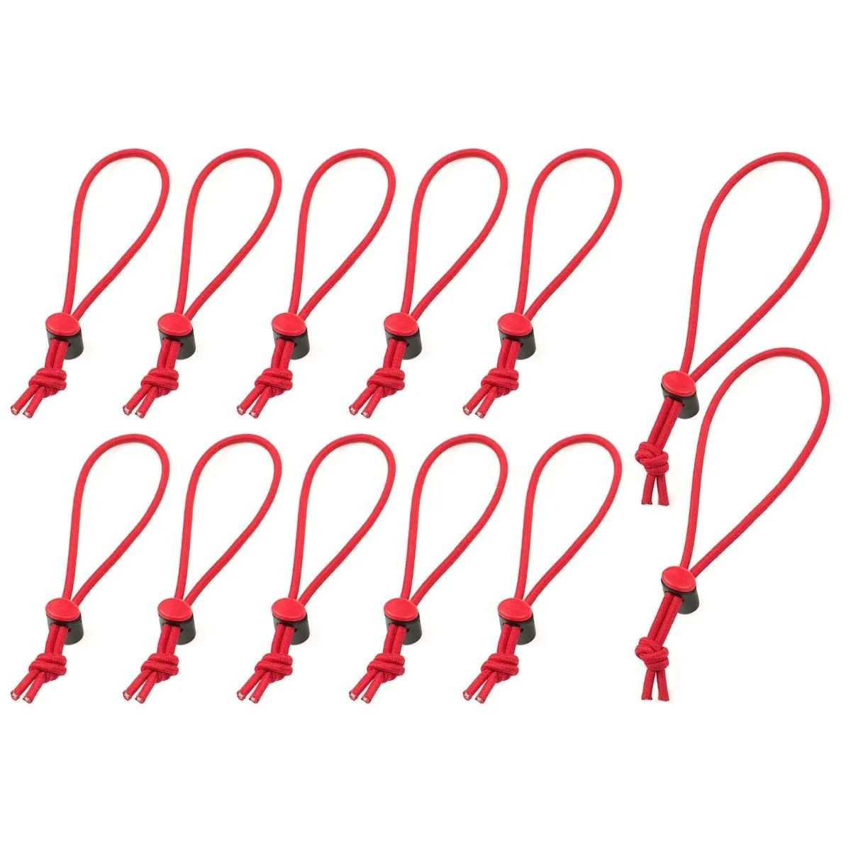 Set of ten red adjustable plastic drawstring toggles with cords and knots.