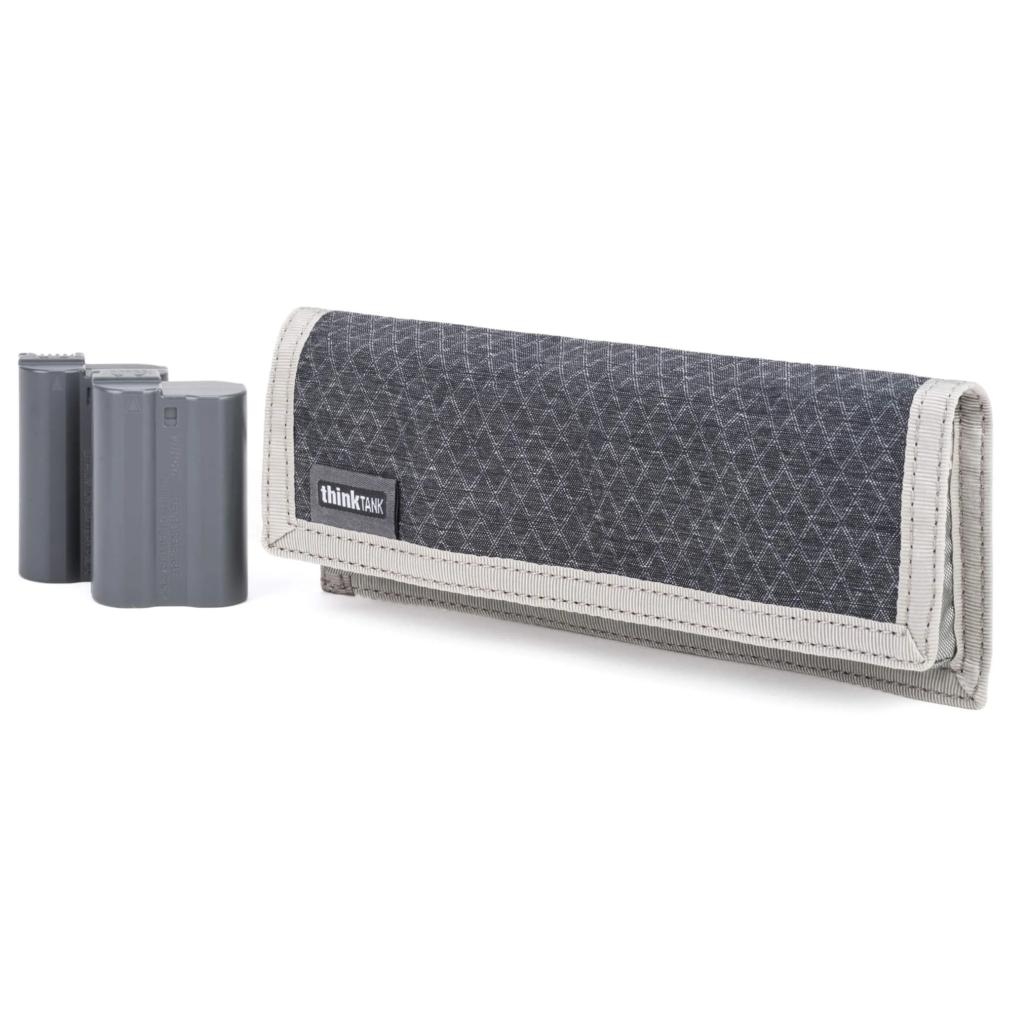 A grey and black electronic battery storage case with the label 'thinkTANK' and two grey batteries beside it.