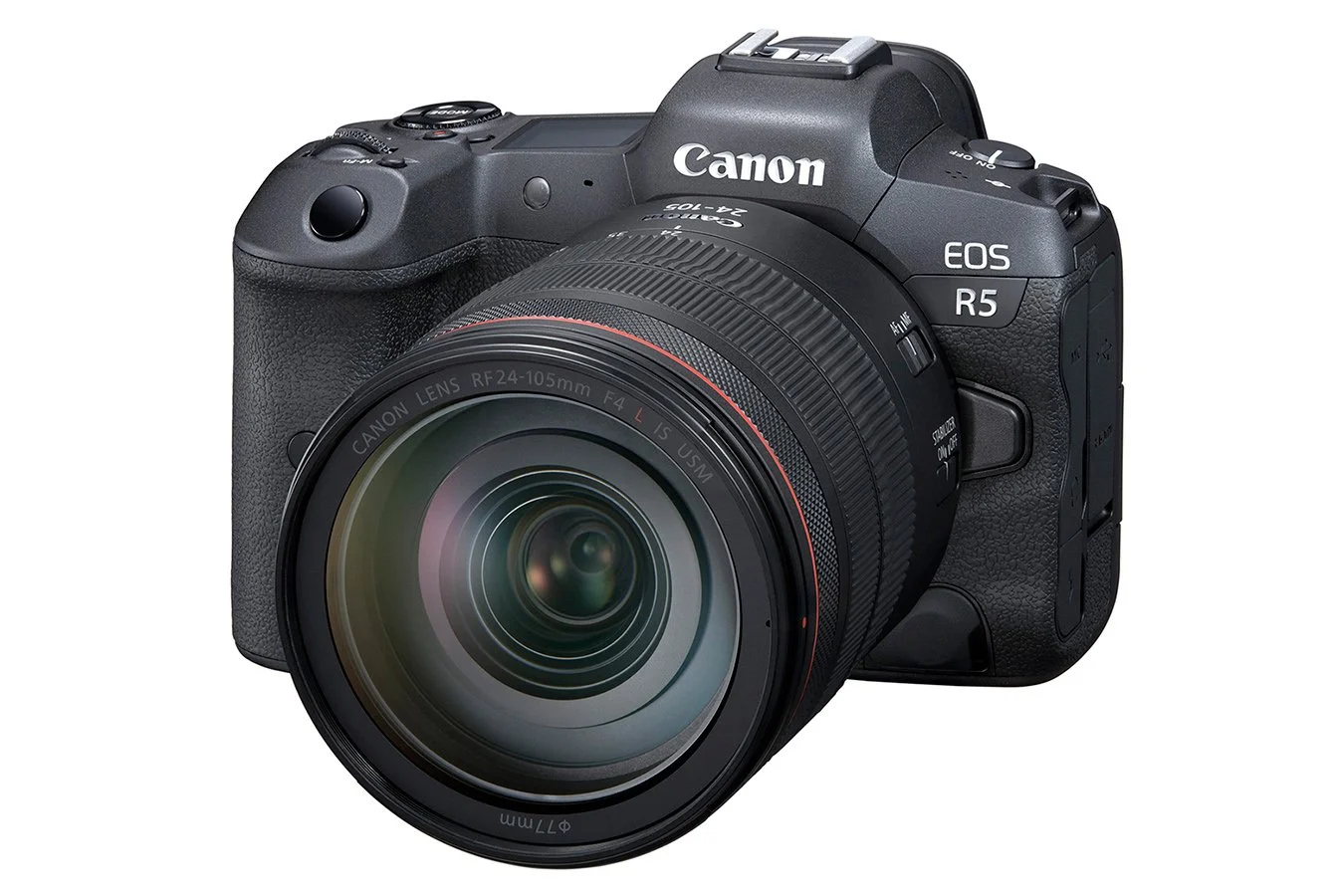 Canon EOS R5 camera with a large lens attached.