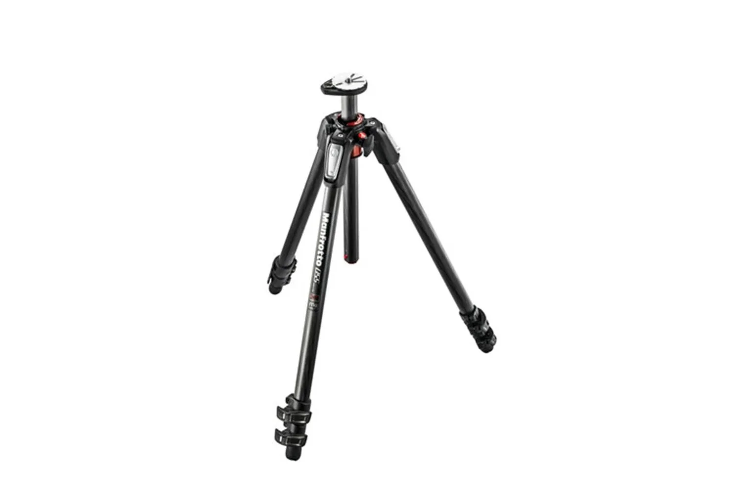 A professional camera tripod with three adjustable legs and a mounting plate on top.