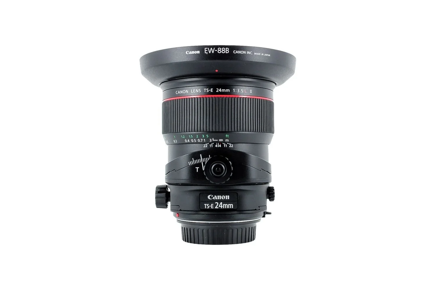 Canon camera lens with lens hood attached, labeled EW-88B, 24mm focal length, f/3.5 aperture, mounted on a white background.