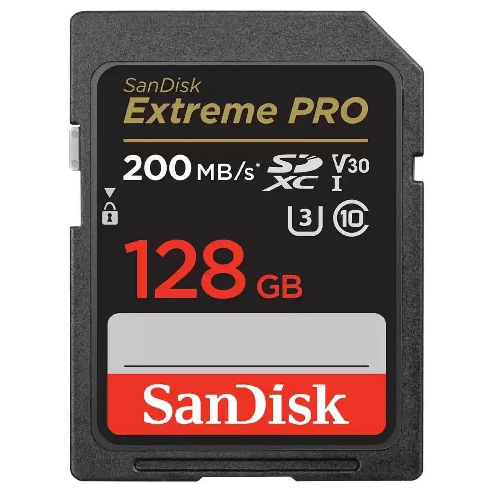SanDisk Extreme PRO SD card with 128 GB storage capacity and 200 MB/s data transfer speed.
