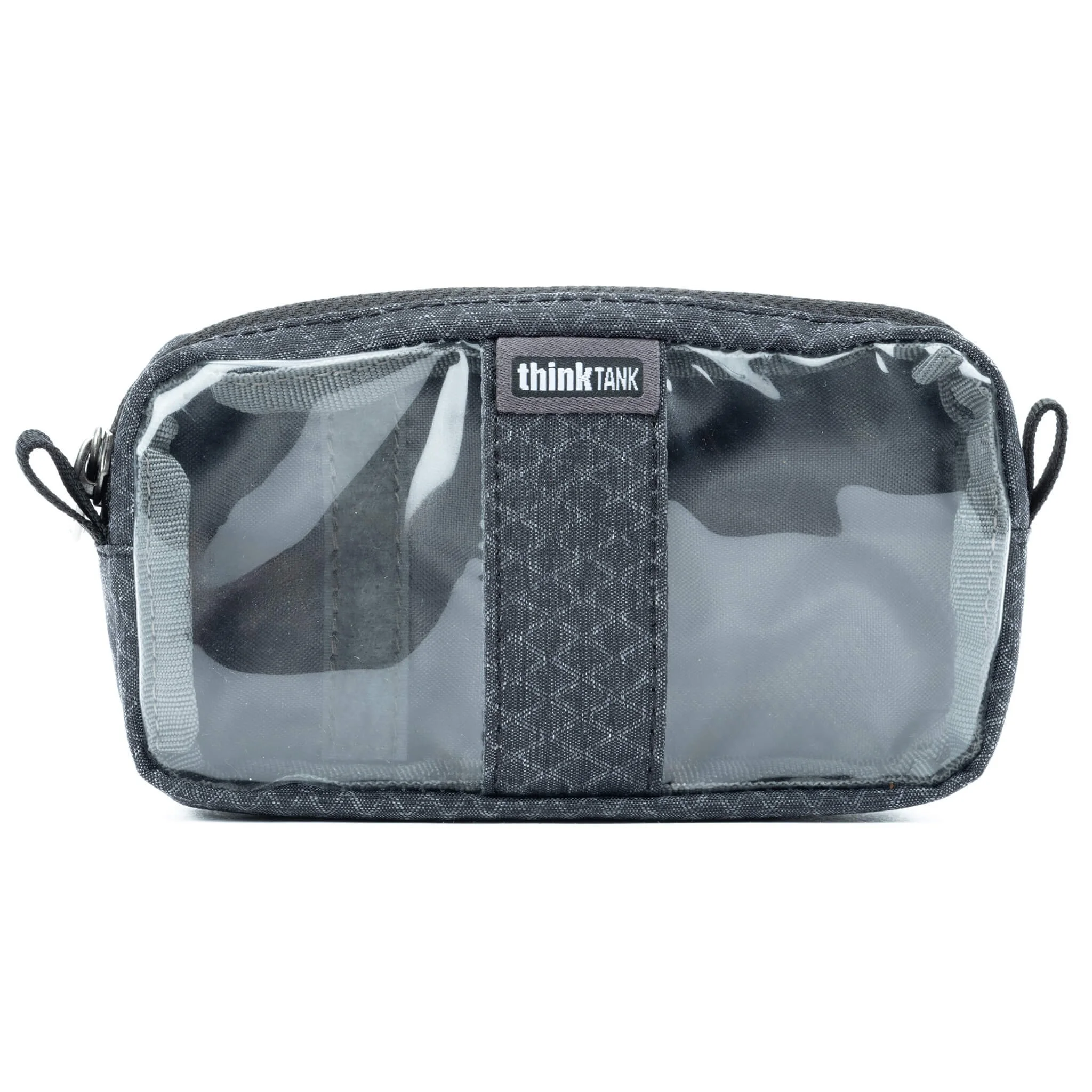 Gray travel toiletry bag with clear plastic front and black label reading 'thinkTANK' in white text.