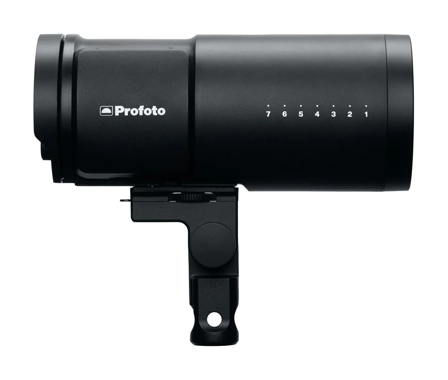 Black Profoto studio strobe light with adjustment markings from 1 to 7.