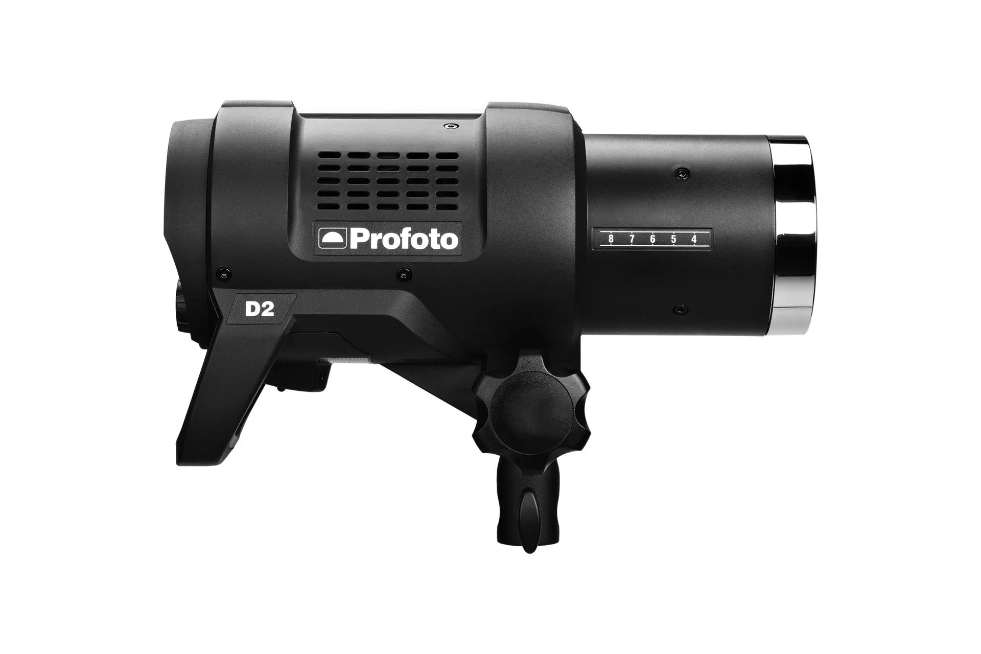Black studio strobe light with brand label and adjustable power scale, mounted on a stand