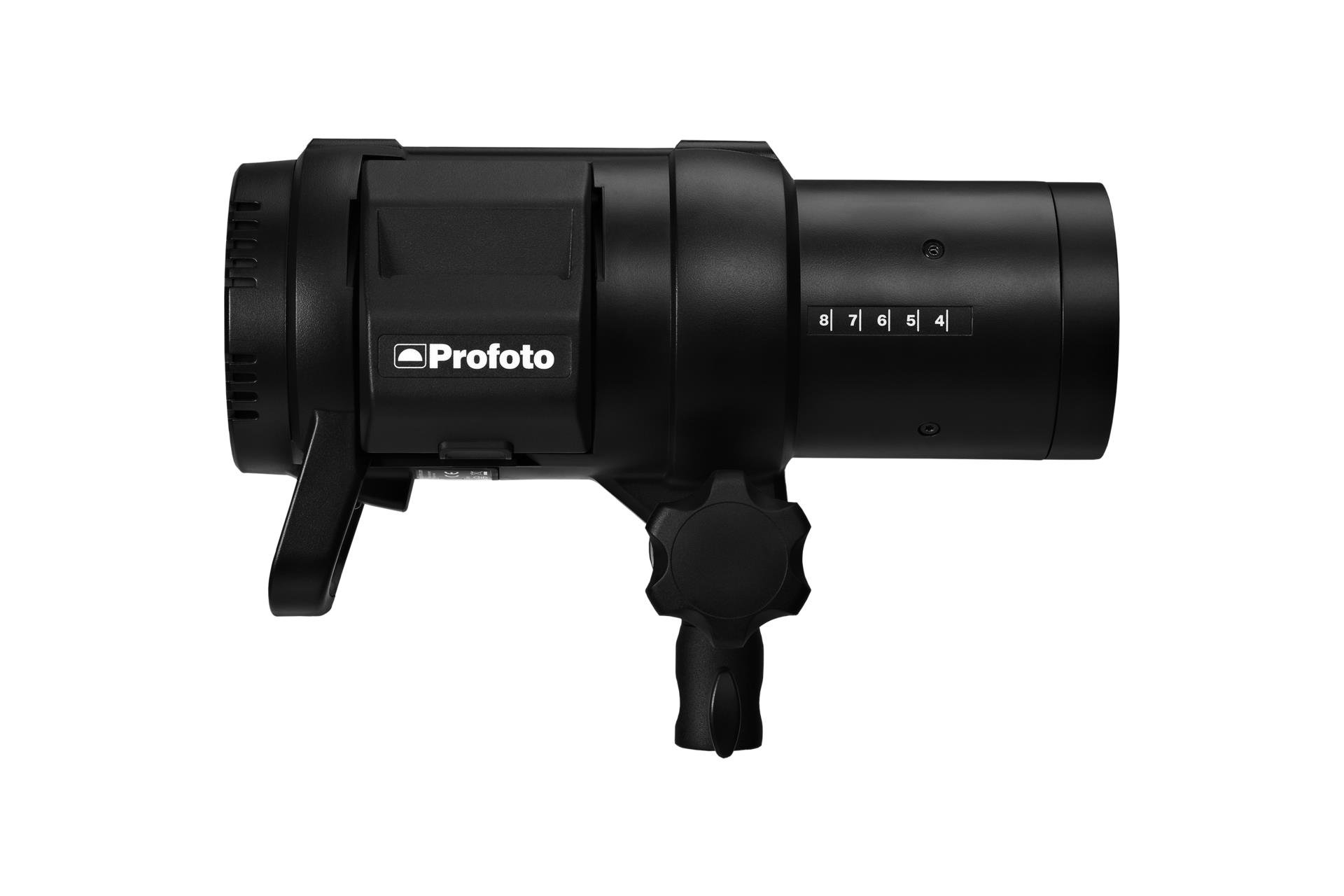Photograph of a black Profoto studio strobe light with adjustable settings, isolated on a white background.