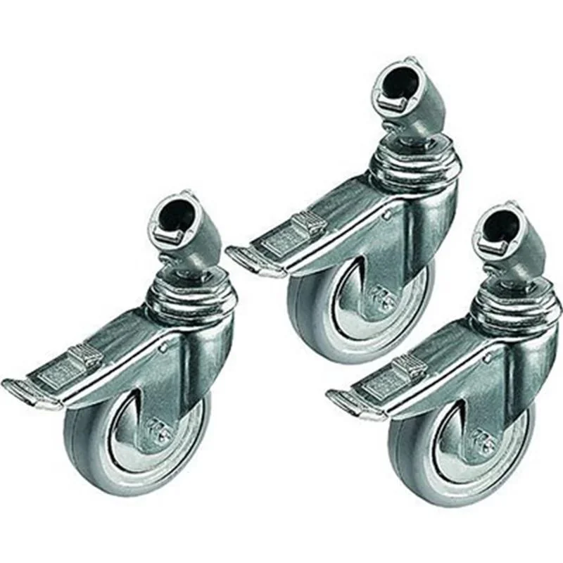 Three metal caster wheels with attachment plates, arranged on a white background.