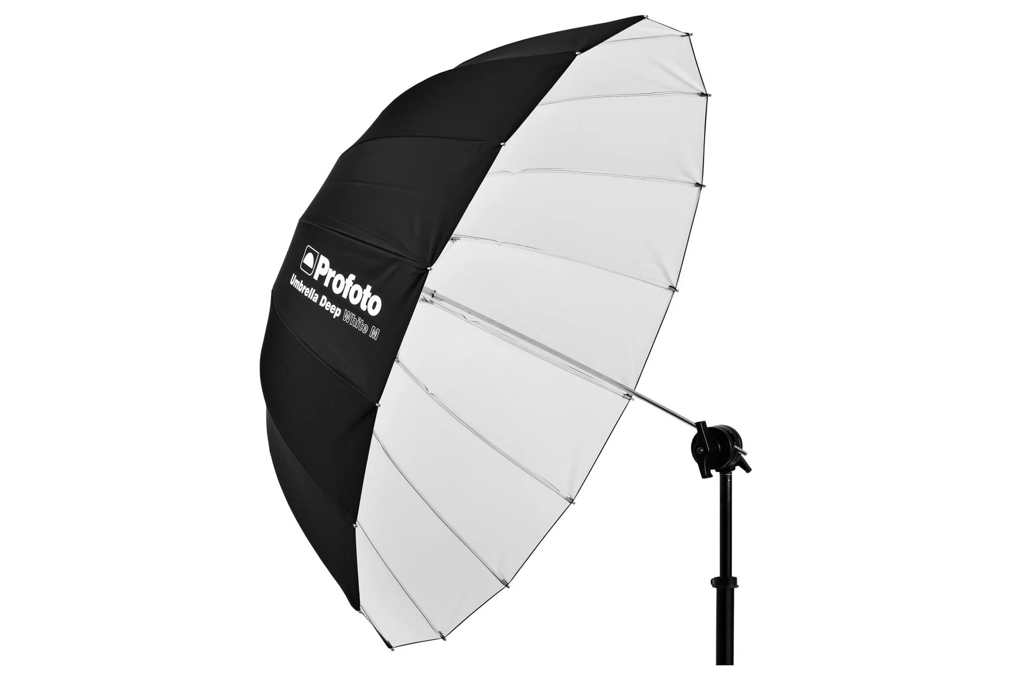 A black and white photography umbrella with a reflective silver interior, branded with 'Profoto Umbrella Deep White M', attached to a black stand.