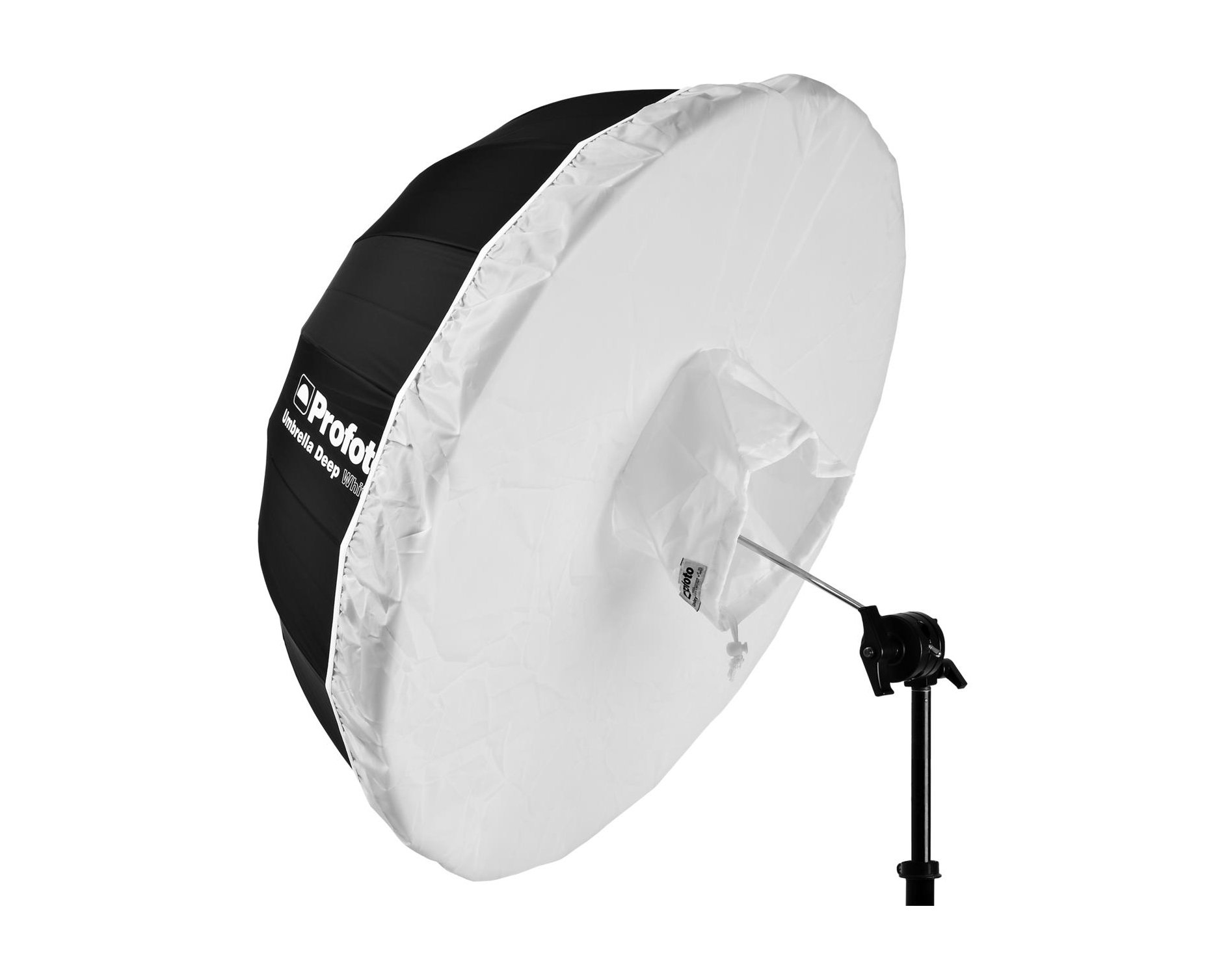 A studio photography reflector with umbrella attachment on a stand.