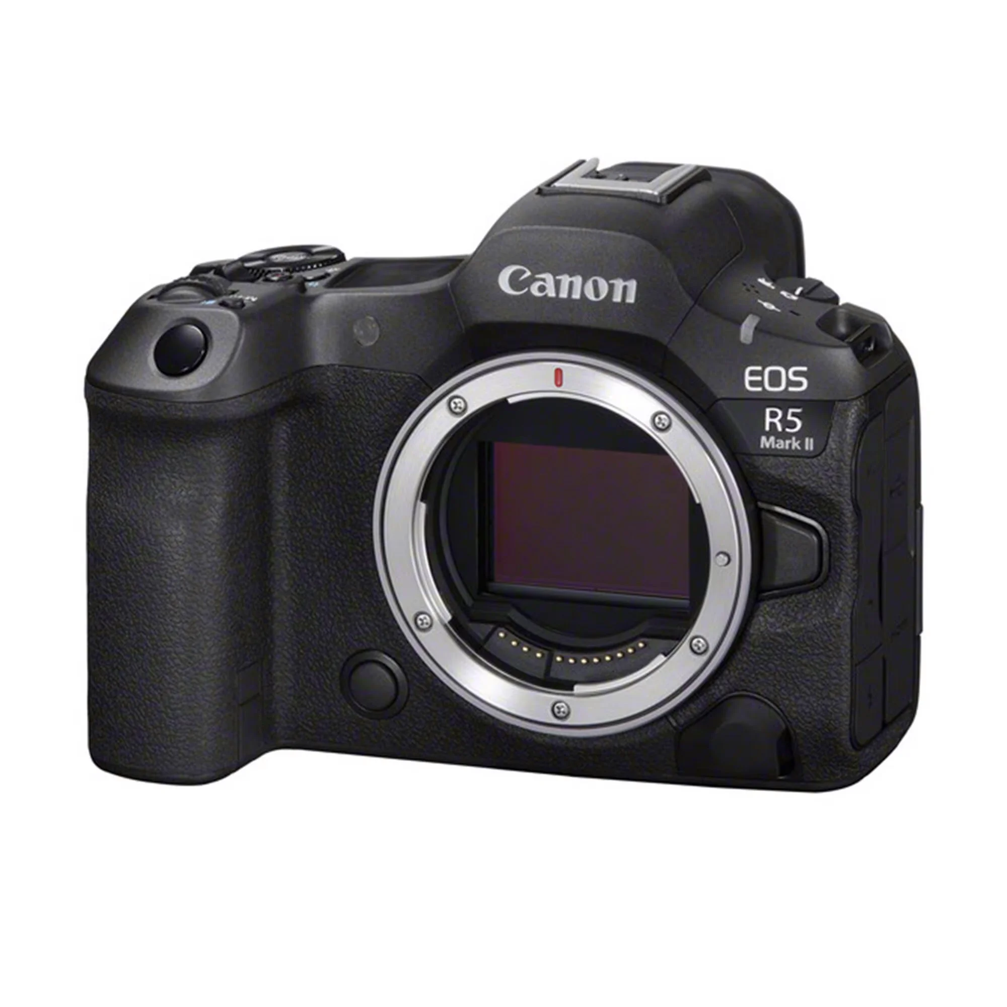 A Canon EOS R5 Mark II digital camera body without a lens.