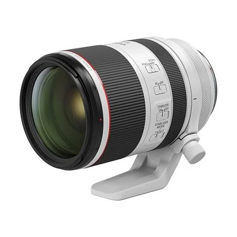 A professional camera lens mounted on a white tripod.