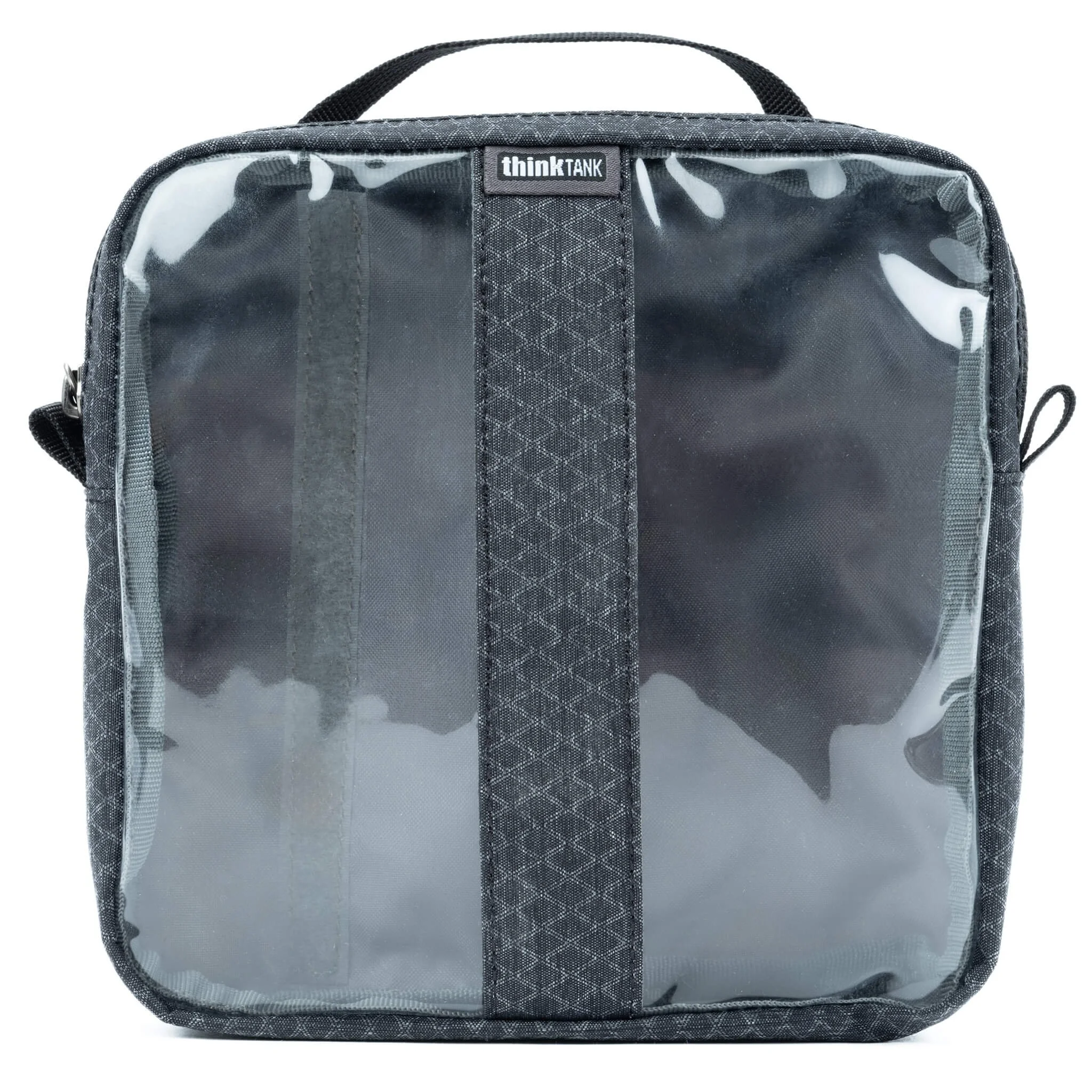 A black and gray Think Tank camera or tech bag with a clear plastic front, gray fabric sides, and a black handle on top.