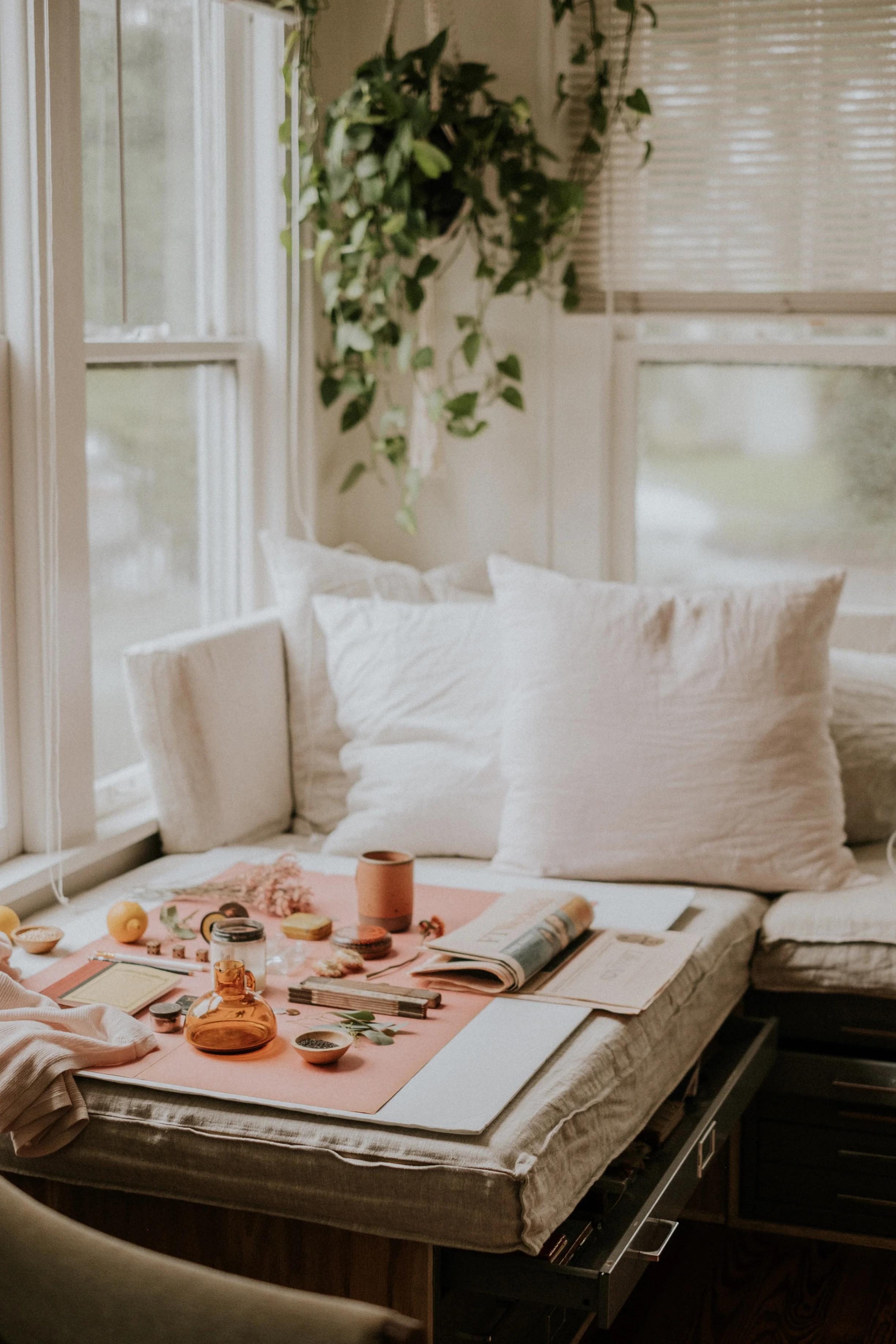 This flatlay was styled and shot on my sofa, while I stood over-top of it on my dining room chair!