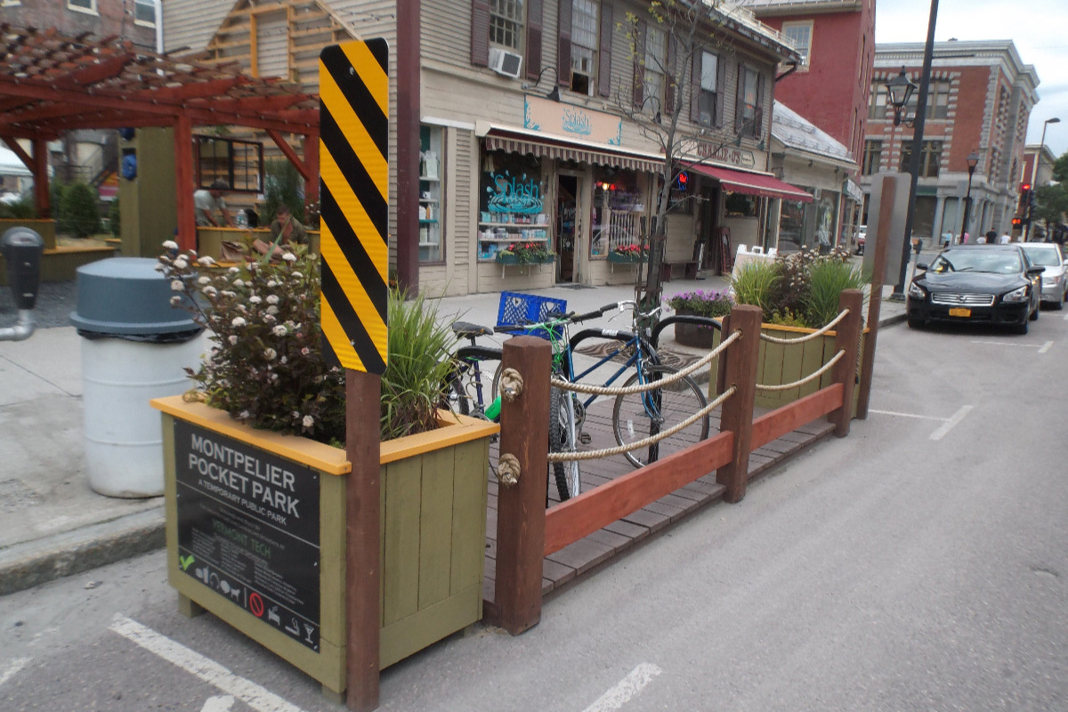 Downtown bike parking parklet in Montpelier, with convenient access to shops, restaurants and workplaces Photo: Local Motion