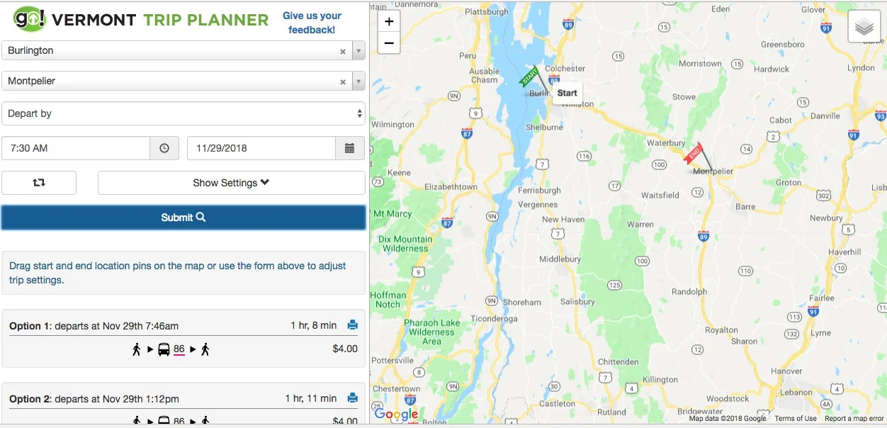 The trip planner makes it easier to get from Point A to Point B, showing bus options, travel time and fare info.