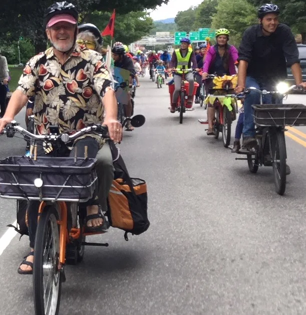 E-Cargo bike riders in Brattleboro on a Critical Mass ride Photo: V-Bikes