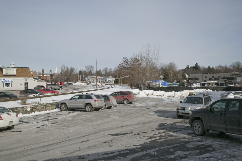 Essex Junction’s intersecting railroads create barriers but also opportunities. Land along one rail right-of-way will host a connecting street and many empty parcels can be redeveloped intensively in a pedestrian-friendly pattern. Photo: Julie Campoli