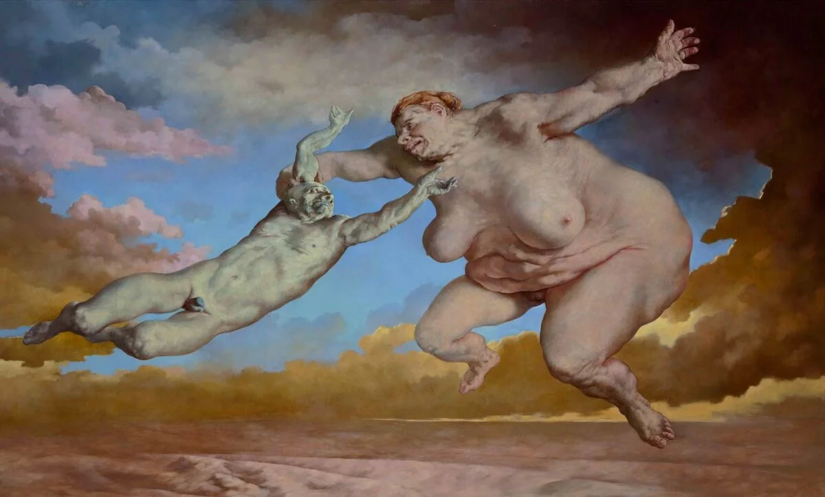 Sasha Okun  Big Woman Beating A Man,  2012 Oil on board 183 x 301 cm