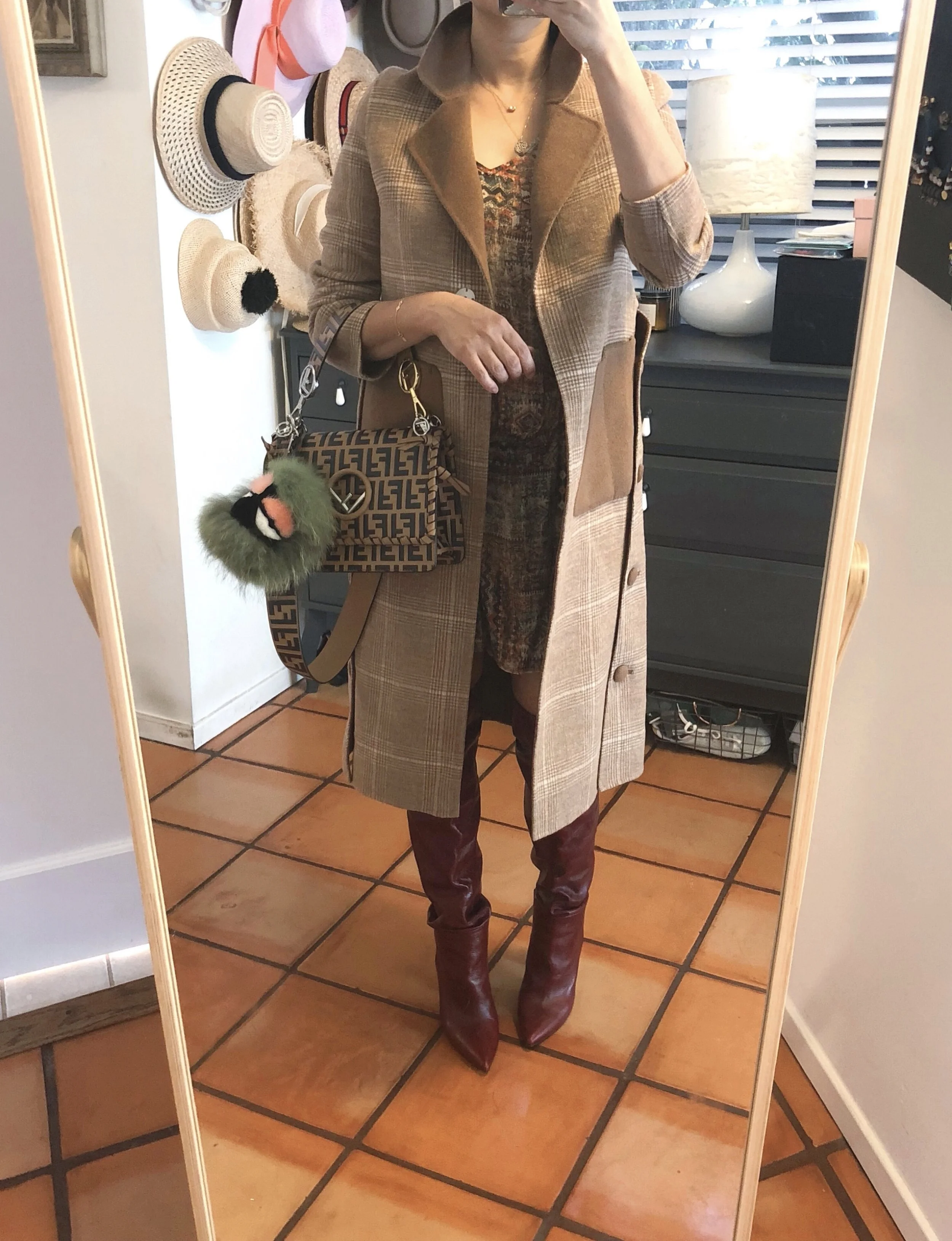  coat: Social Eras dress: Zara (old) bag/charm: Fendi (sold out, similar  here ) boots: Zara (old, similar  here ) awkward bag hand: me 