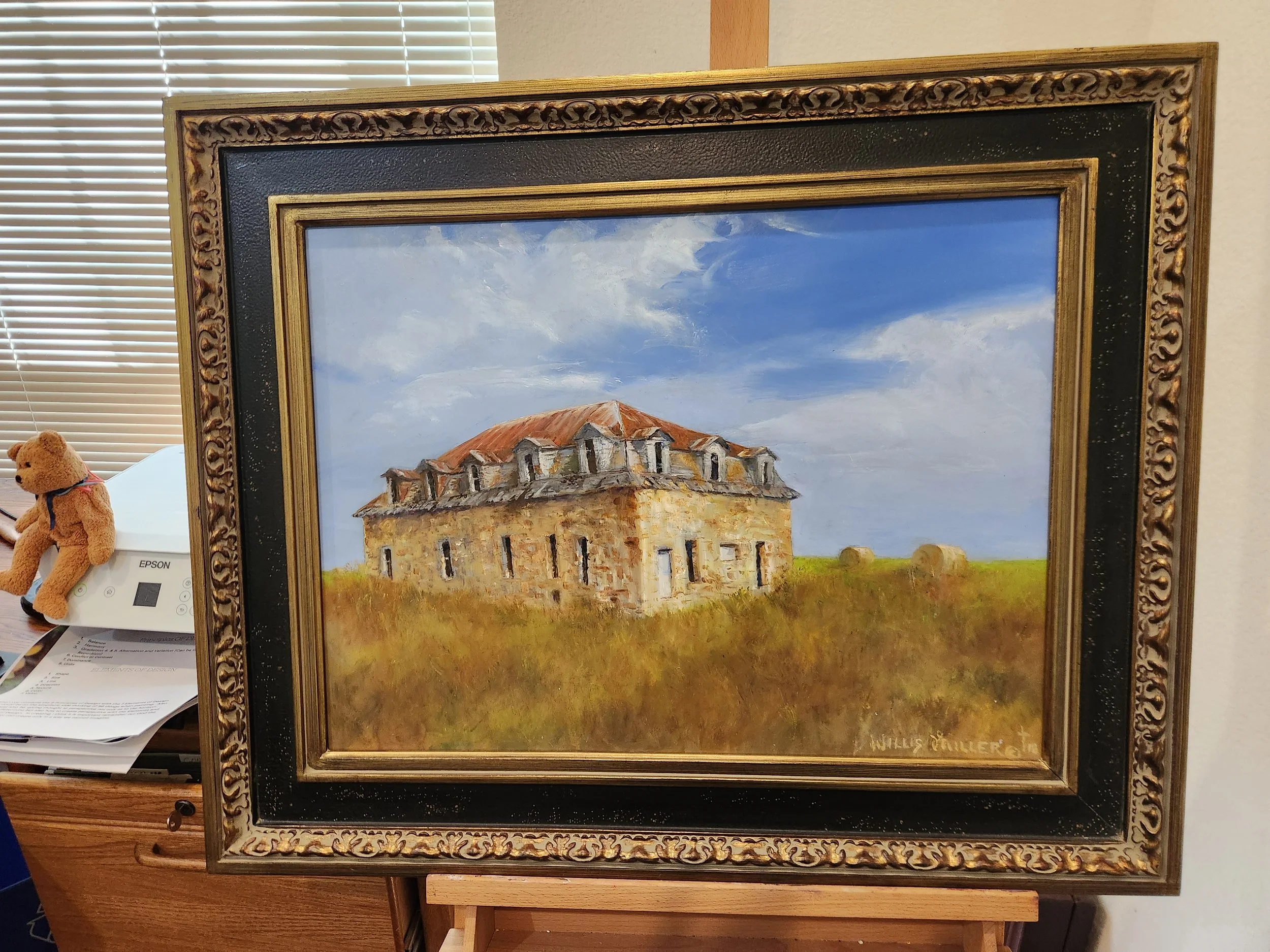 Title: Place in Time, 18" x 24". framed. Coastal Charm Oil Painting with Dark Wood Frame