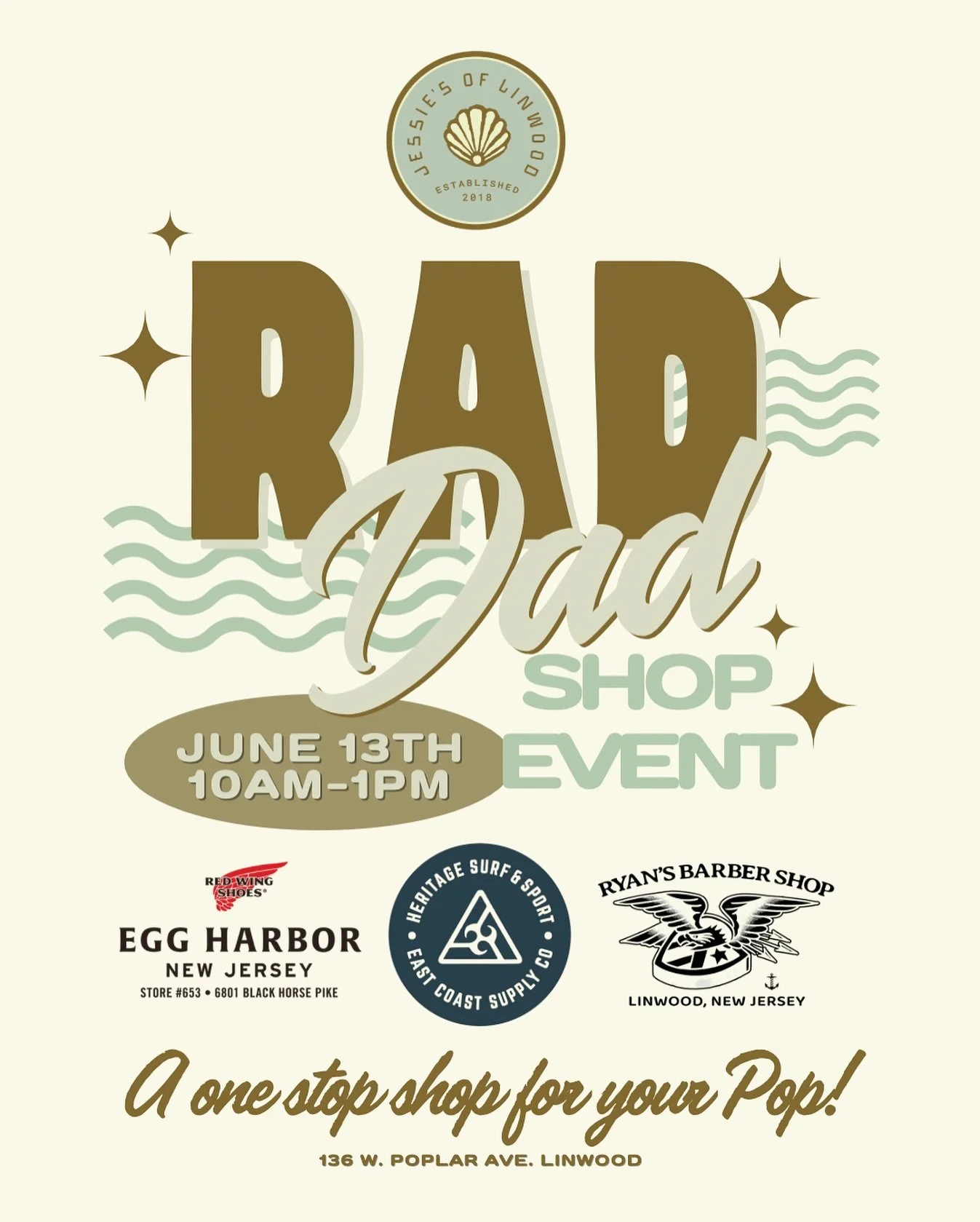FRIDAY JUNE 13th we&rsquo;re hosting a one stop shop for your Pop! Come shop from local businesses that are sure to put a smile on the rad Dad in your life&rsquo;s face! @redwingeggharbor @ryansbarbershop and @heritagesurf_oceancity will be there fro