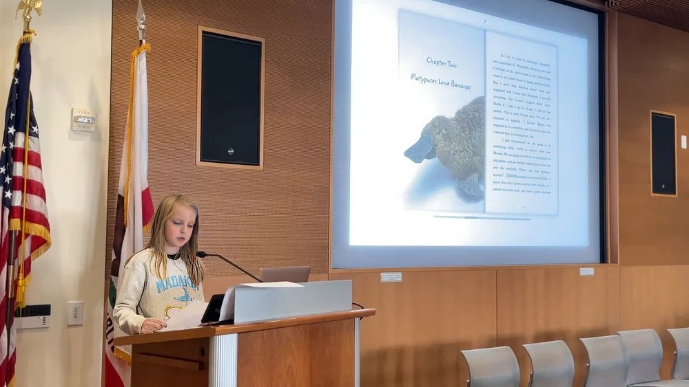 Millie sharing her work at San Mateo Public Library in October