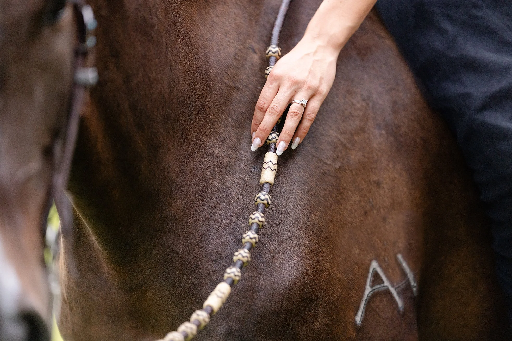 A close-up of Amber’s engagement ring rests on Atlas’s reins, capturing a meaningful detail from their western equestrian engagement session at Advanced Horsemanship in Poynette, Wisconsin.