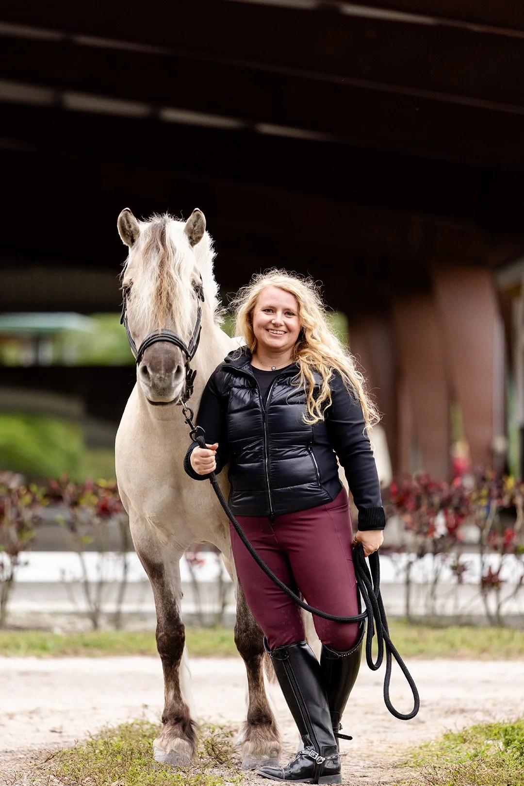 Dressage rider Alexandria Andrasko walking with Norwegian Fjord mare Corgi Hill Flinka in Wellington Florida